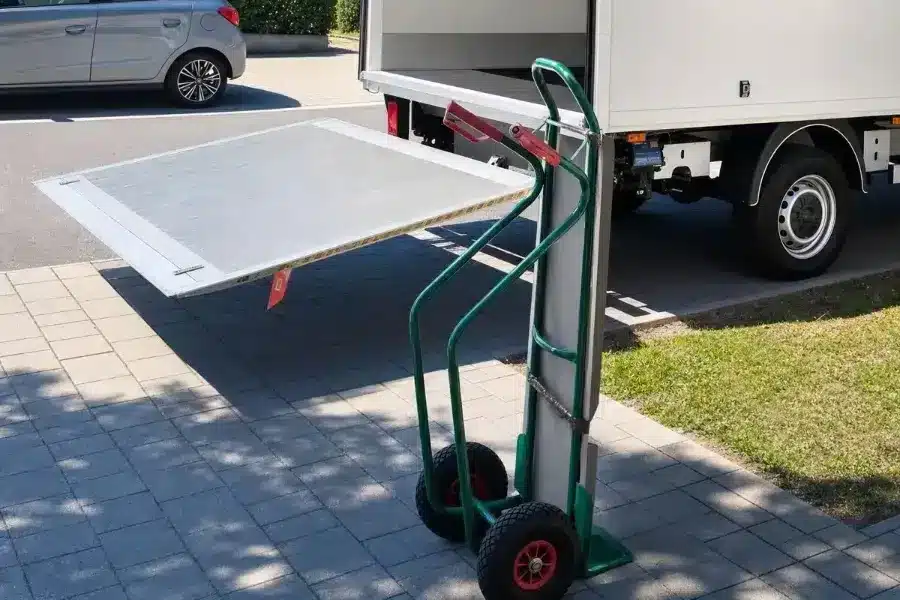 Umzug Steiermark – Umzugsfirma Steiermark Sackkarre und Hebebühne am Umzugs-LKW – Kleintransporte und Möbeltransporte in der Steiermark